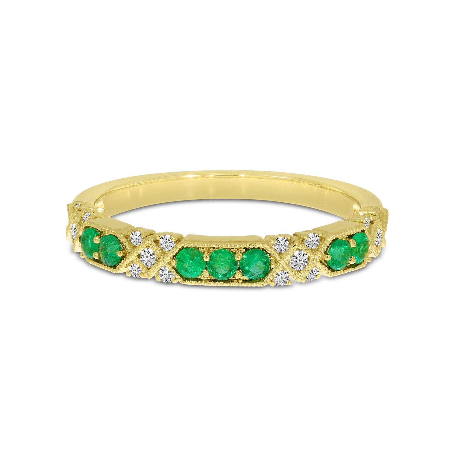 14K Yellow Gold Round Emerald and Diamond Band