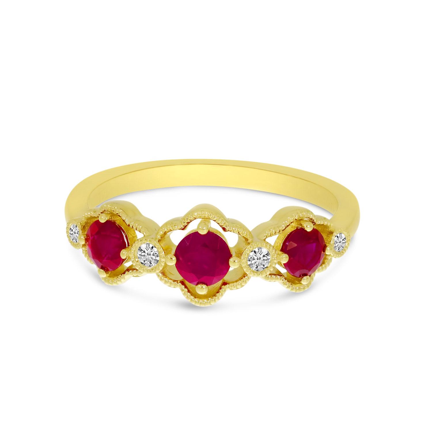 14K Yellow Gold Triple Round Ruby and Diamond Band