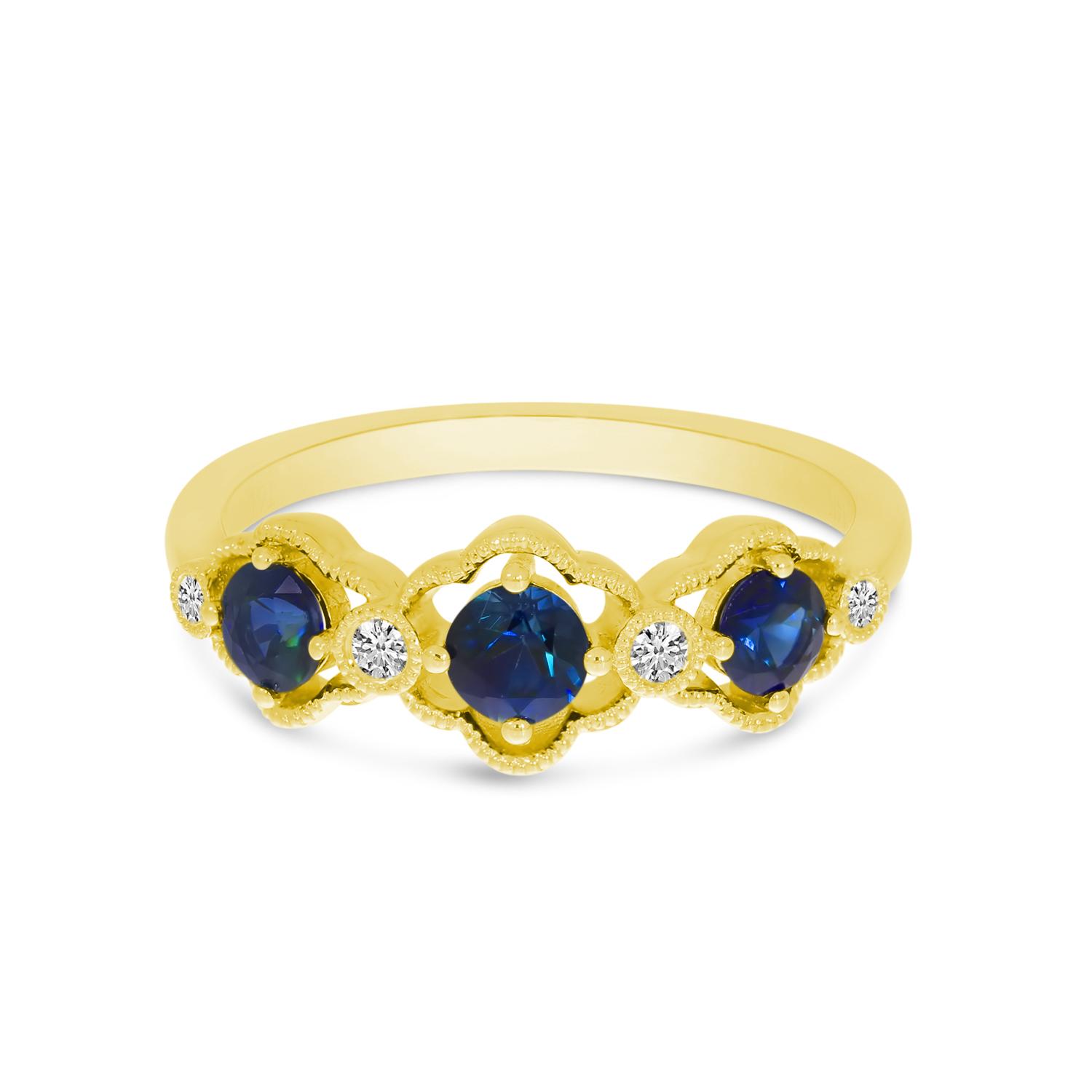 14K Yellow Gold Triple Round Sapphire and Diamond Band