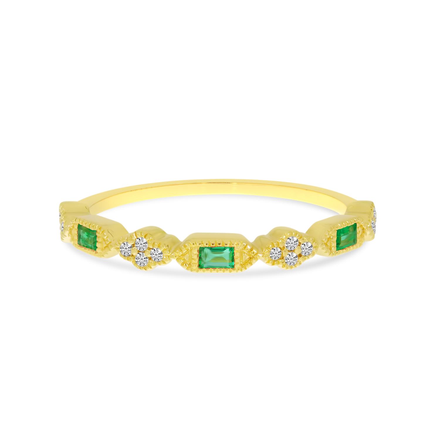 14K Yellow Gold Baguette Millgrain Emerald and Diamond Band