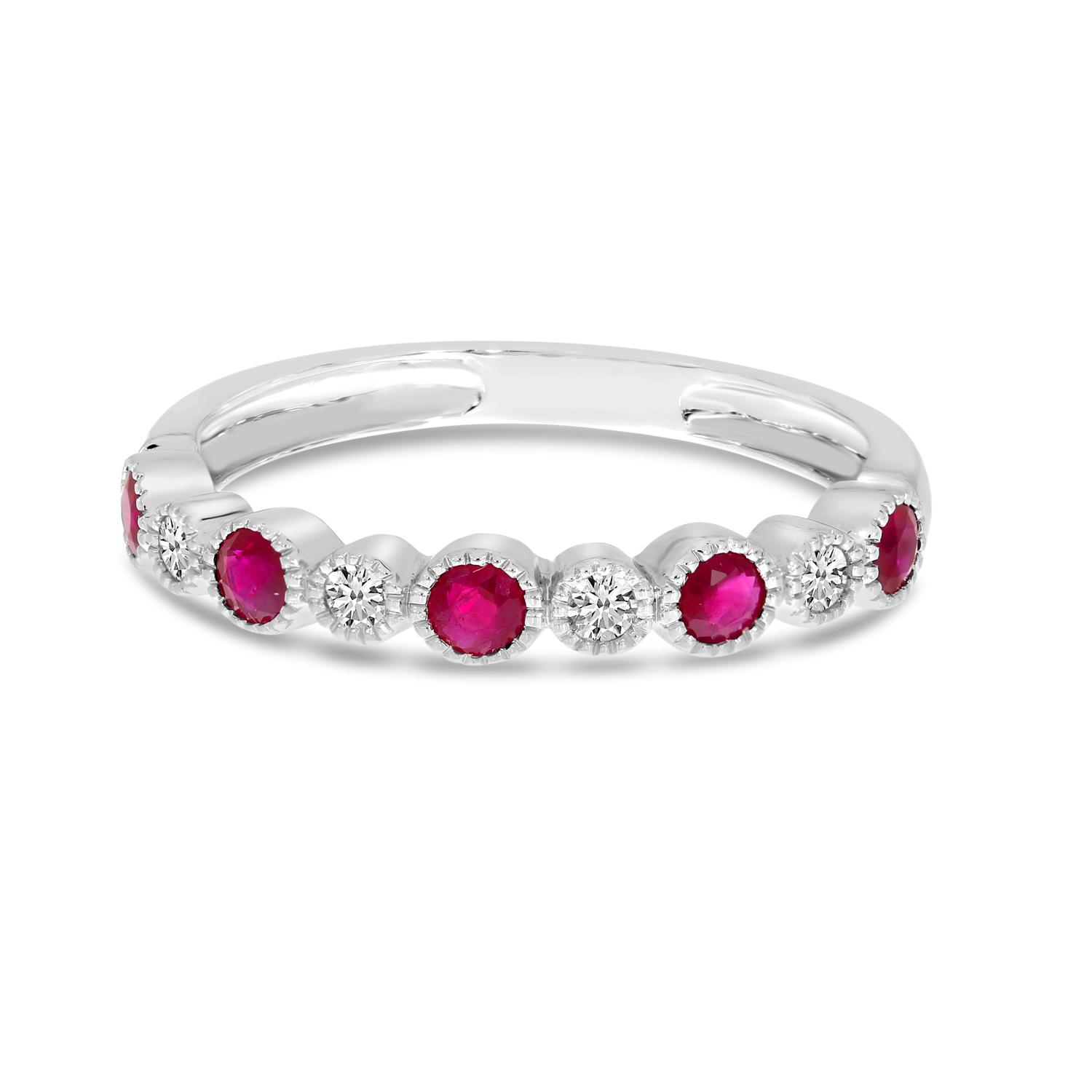 14K White Gold Round Ruby and Diamond Millgrain Band