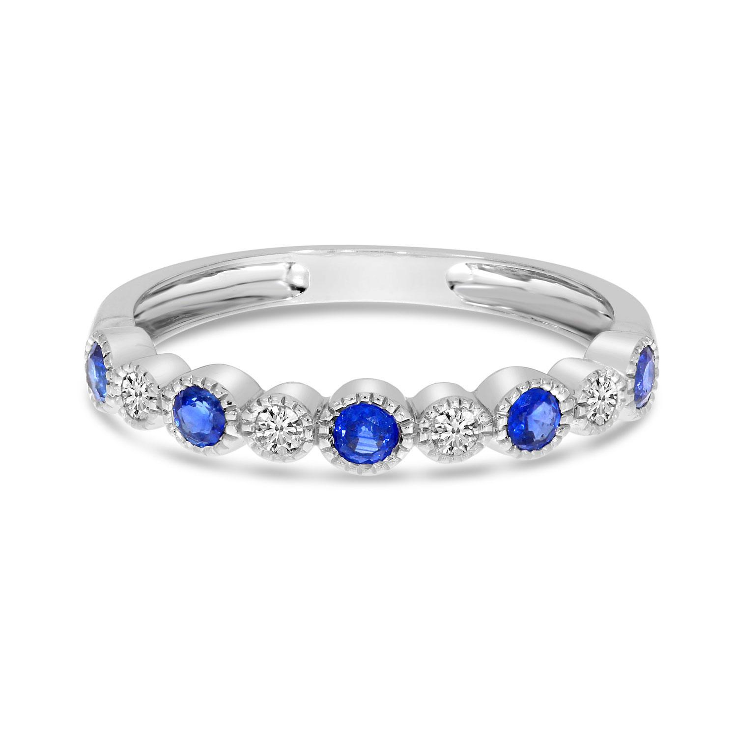 14K White Gold Round Sapphire and Diamond Millgrain Band