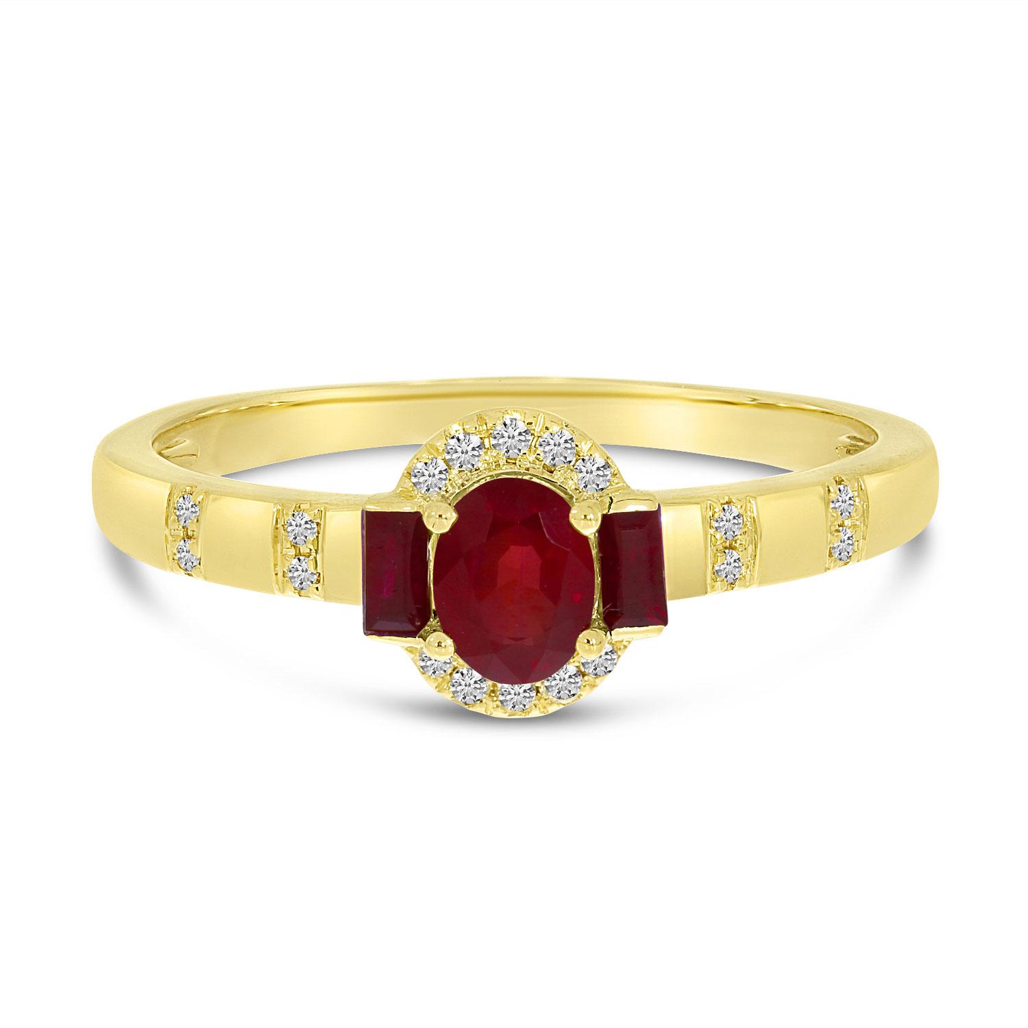 14K Yellow Gold Oval Ruby with Baguette Ruby and Diamond Ring