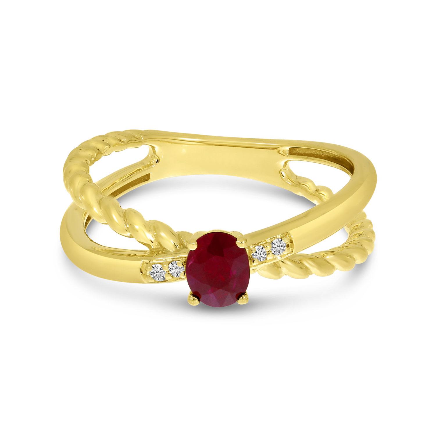 14K Yellow Gold Ruby and Diamond Twist Band Crossover Ring