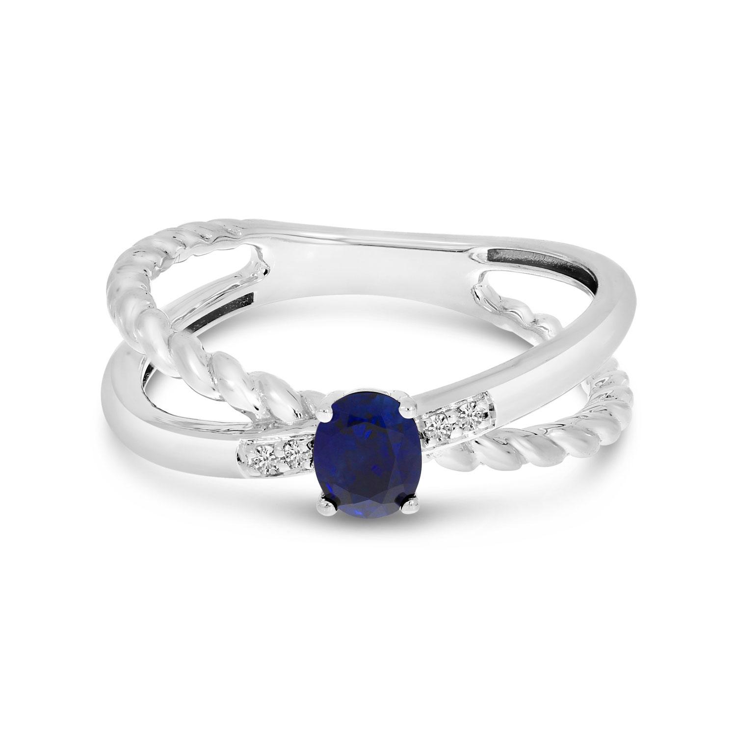 14K White Gold Oval Sapphire and Diamond Twist Band Crossover Ring