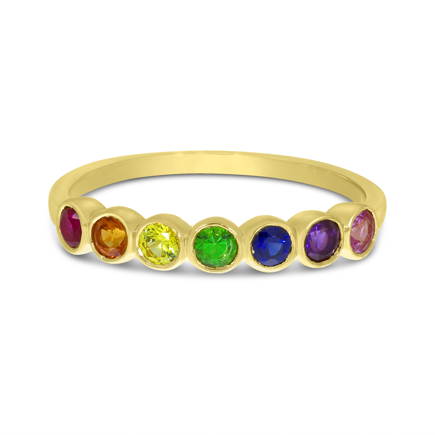 14K Yellow Gold Rainbow Sapphire Bezel Set Ring