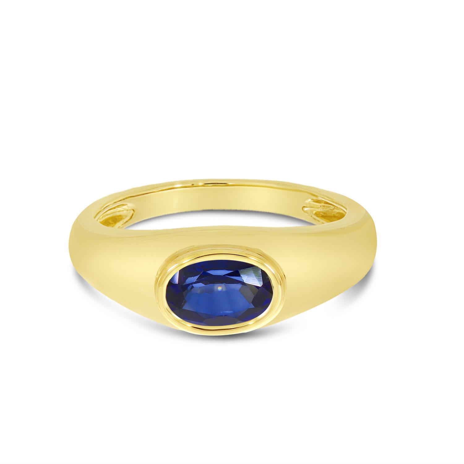 14K Yellow Gold Oval Sapphire East to West Bezel Wide Band Ring