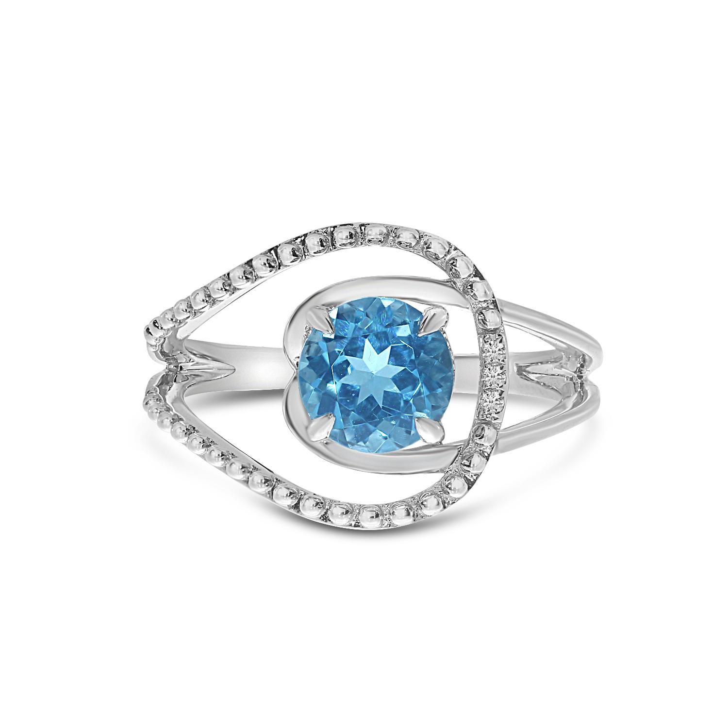 14K White Gold Round Blue Topaz Semi Precious Swirl Ring