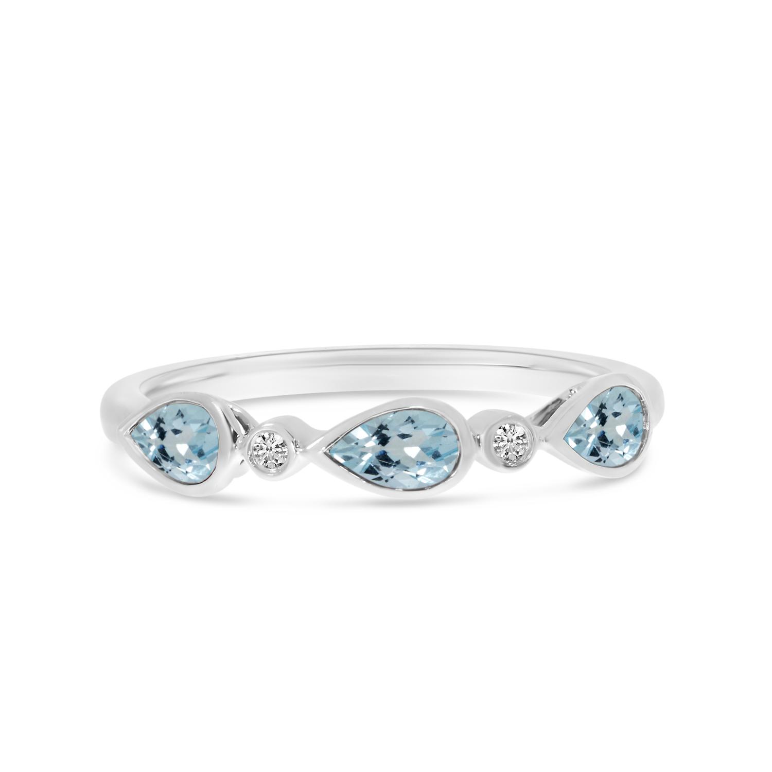 14K White Gold Triple Pear Aquamarine and Diamond Band Ring