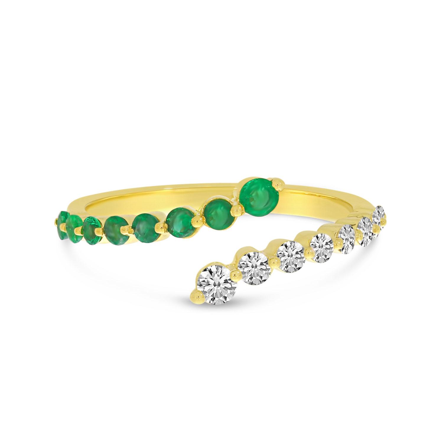 14K Yellow Gold Graduated Emerald and Diamond Precious Bypass Ring