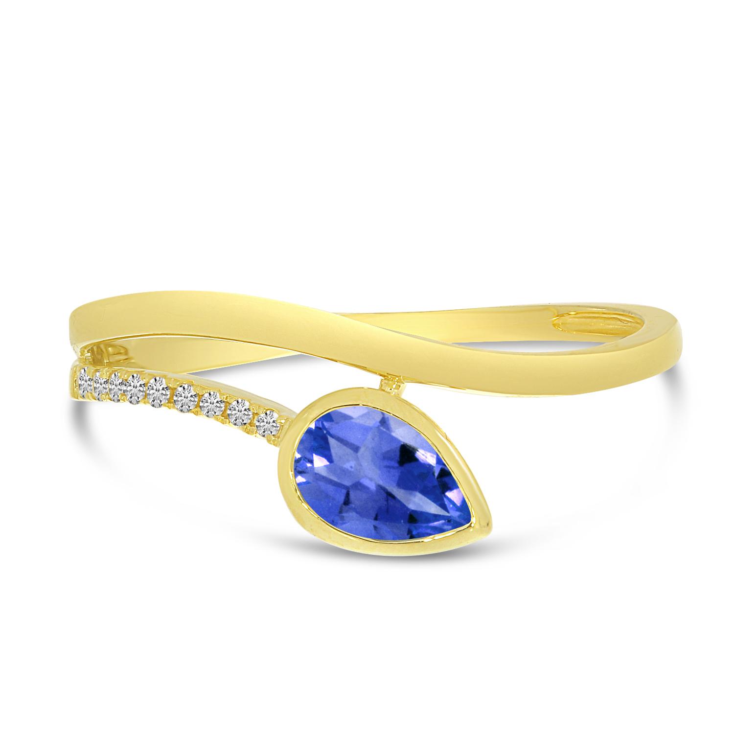 14K Yellow Gold Pear Tanzanite and Diamond Wave Bypass Ring