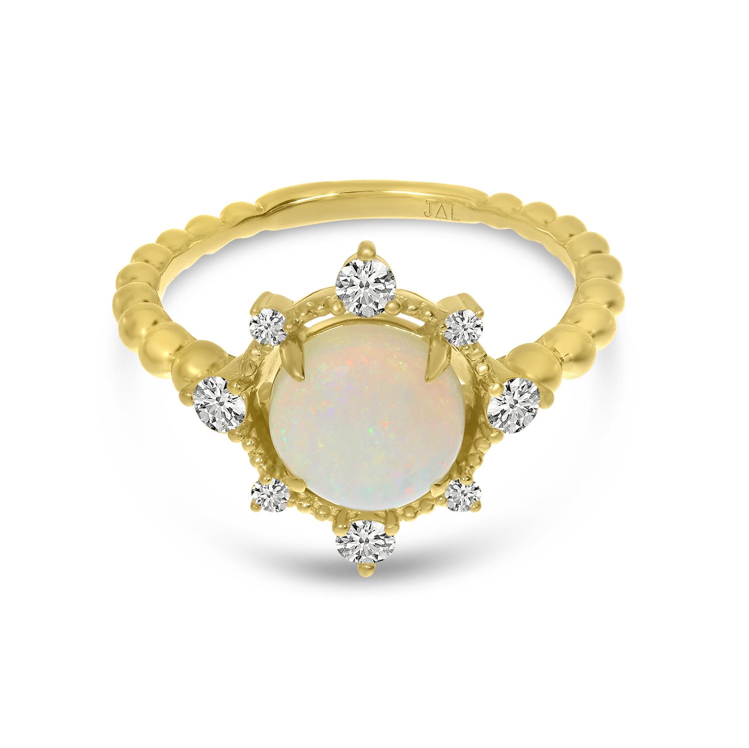 14K Yellow Gold Round Opal and Diamond Beaded Band Ring