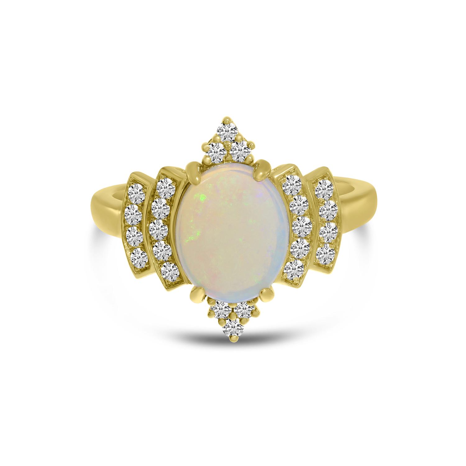 14K Yellow Gold Oval Opal Ring with Diamond Halo