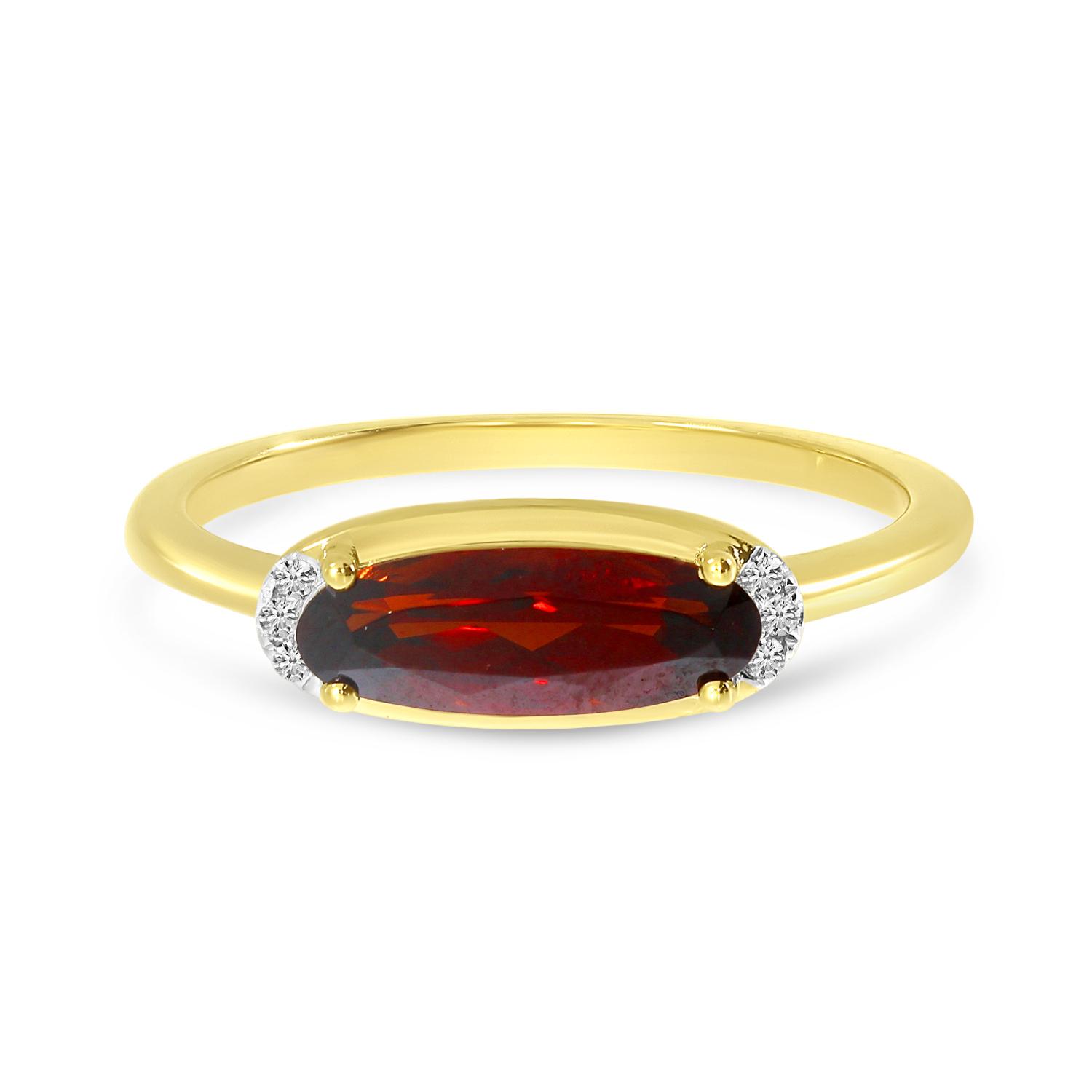 14K Yellow Gold Elongated Garnet with Diamond Ring