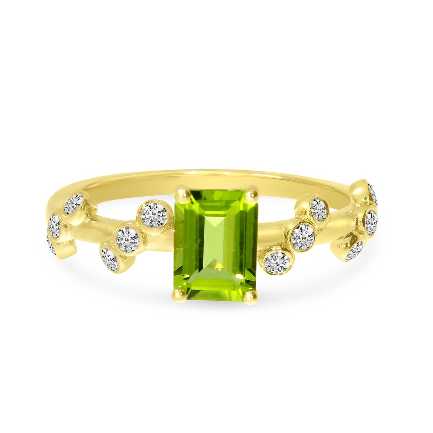 14K Yellow Gold Emerald Cut Peridot and Diamond Twist Band Ring