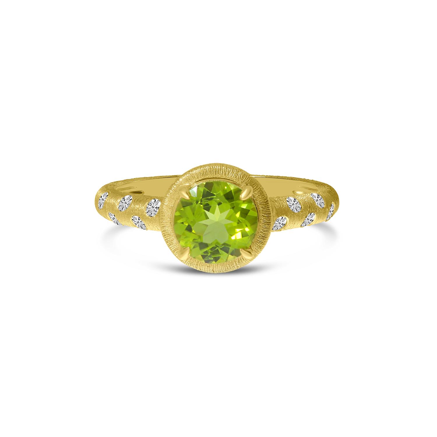 14K Yellow Gold Round Peridot and Diamond Satin Band Ring