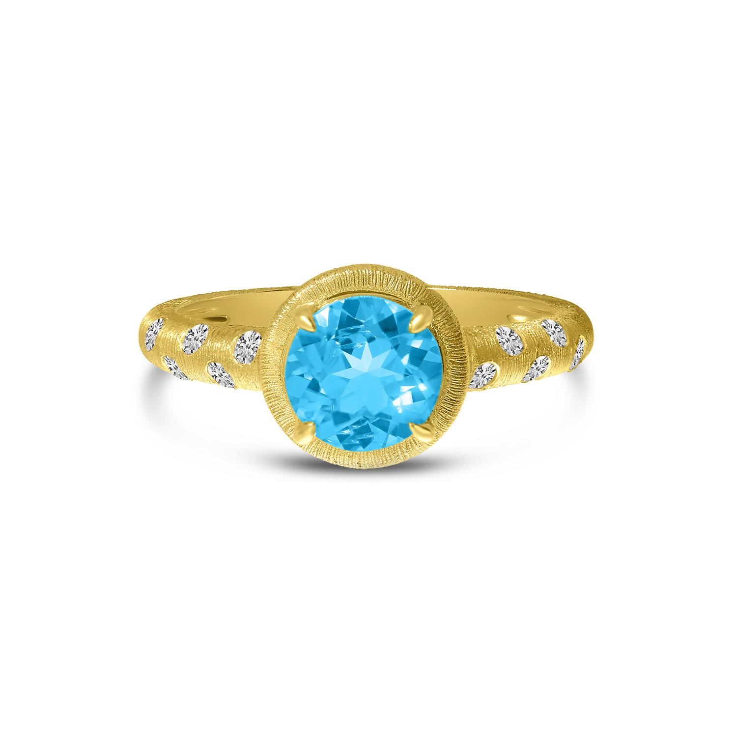 14K Yellow Gold Round Blue Topaz and Diamond Satin Band  Ring