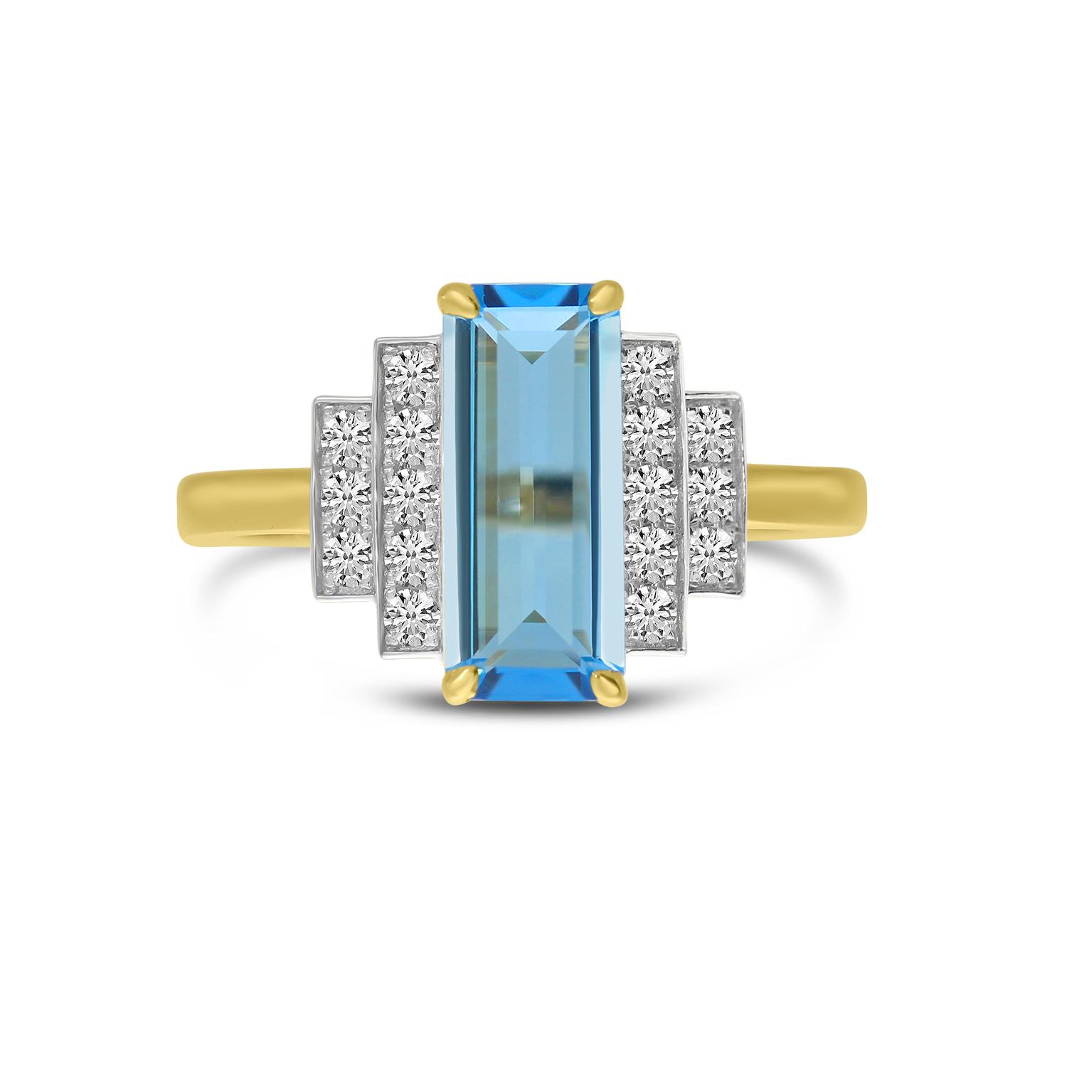 14K Yellow Gold Elongated Octagon Blue Topaz and Diamond Ring