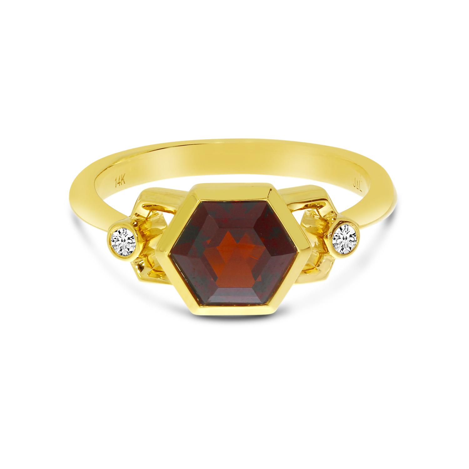 14K Yellow Gold Hexagon Garnet and Diamond Geometric Ring