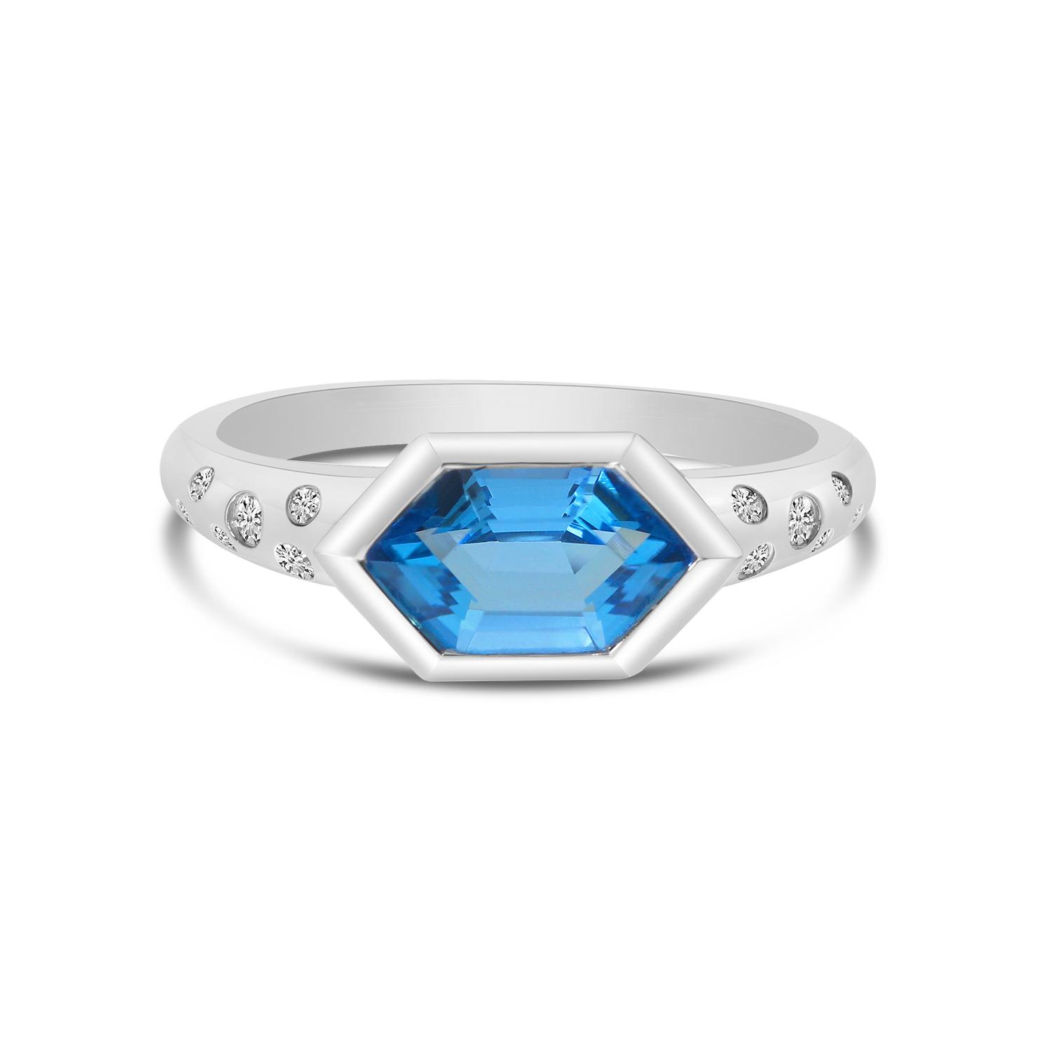 14K White Gold Hexagon Blue Topaz with Diamond Band Semi Precious Ring