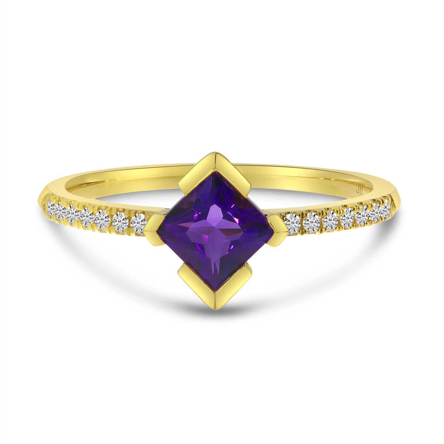 14K Yellow Gold Princess Cut Amethyst and Diamond Band Ring