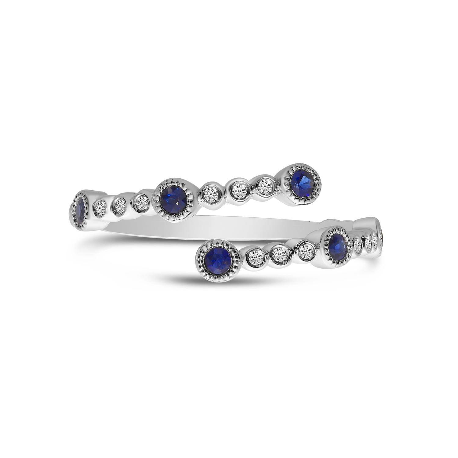 14K White Gold Sapphire and Diamond Bubble Bypass Precious Ring