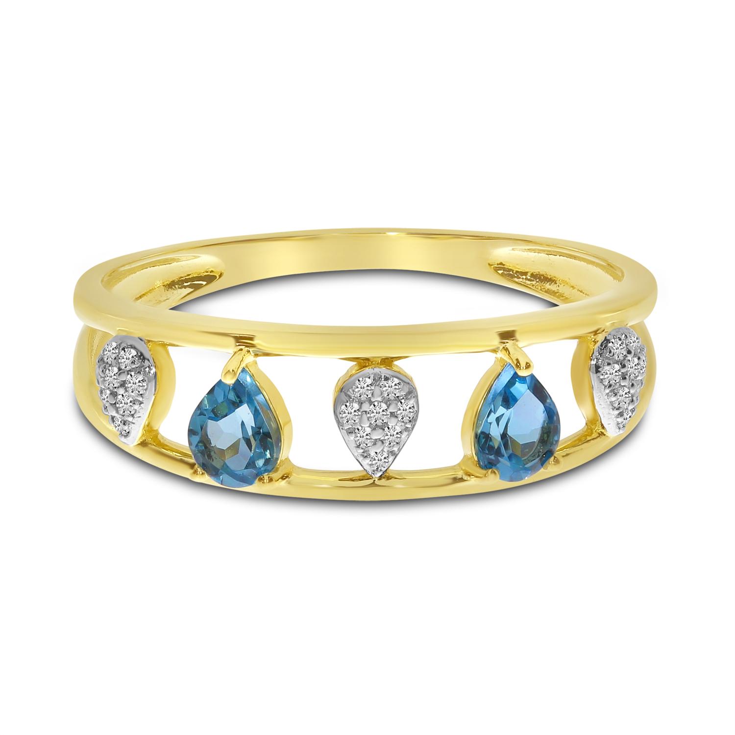 14K Yellow Gold Alternating Pear Blue Topaz and Diamond Open Band Ring