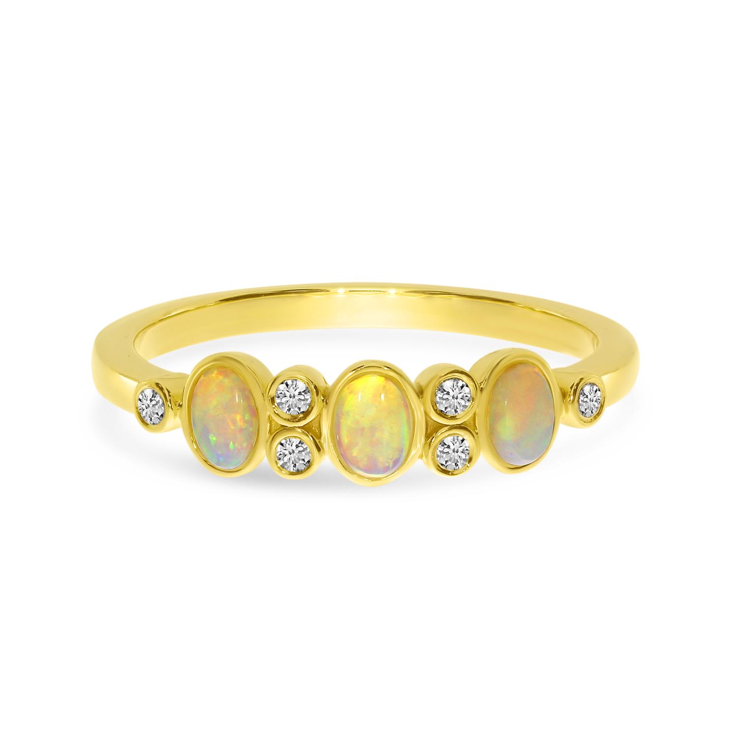 14K Yellow Gold Oval Opal and Diamond Bezel Band Ring