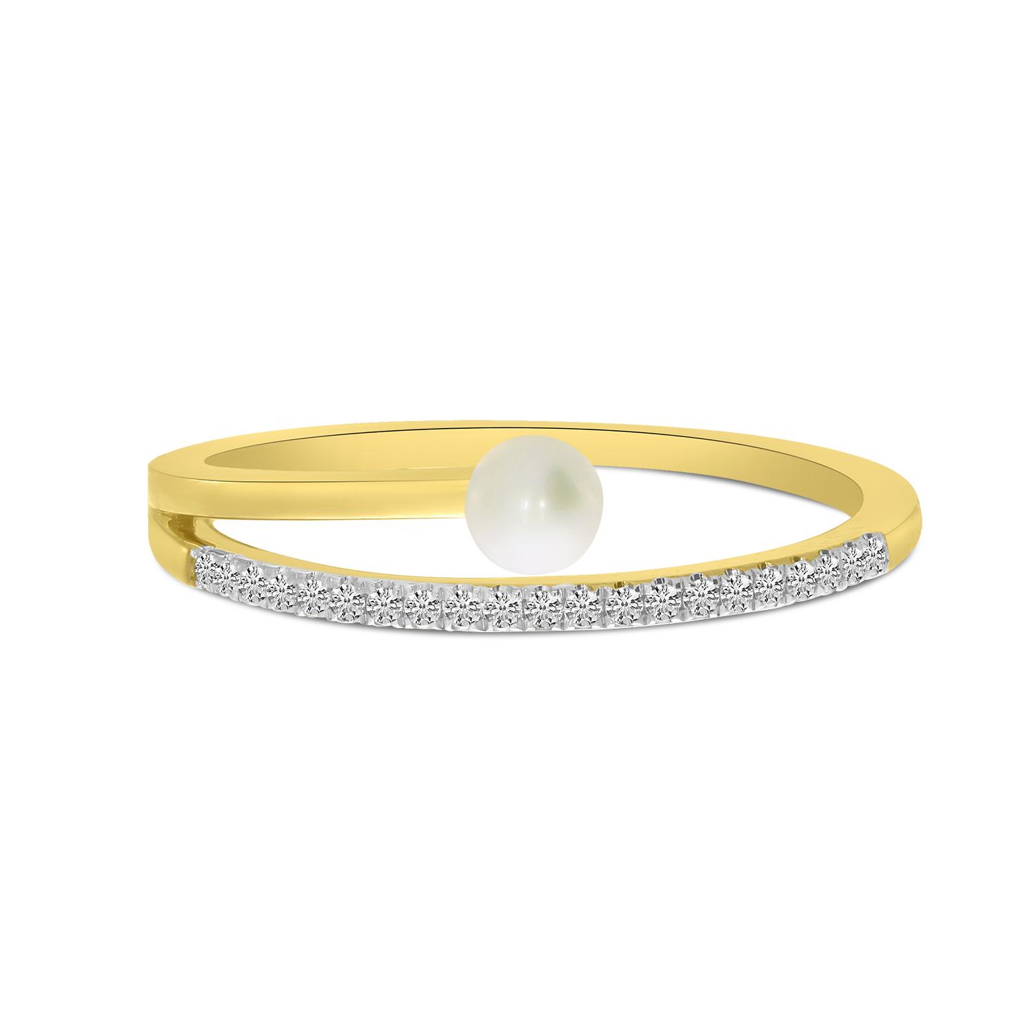 14K Yellow Gold Diamond and Pearl Band & A Half Ring