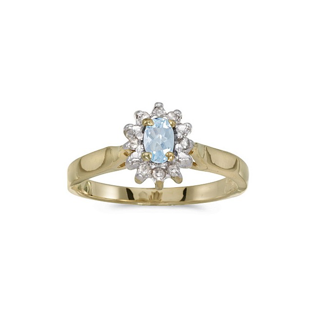 10k Yellow Gold Oval Aquamarine And Diamond Ring