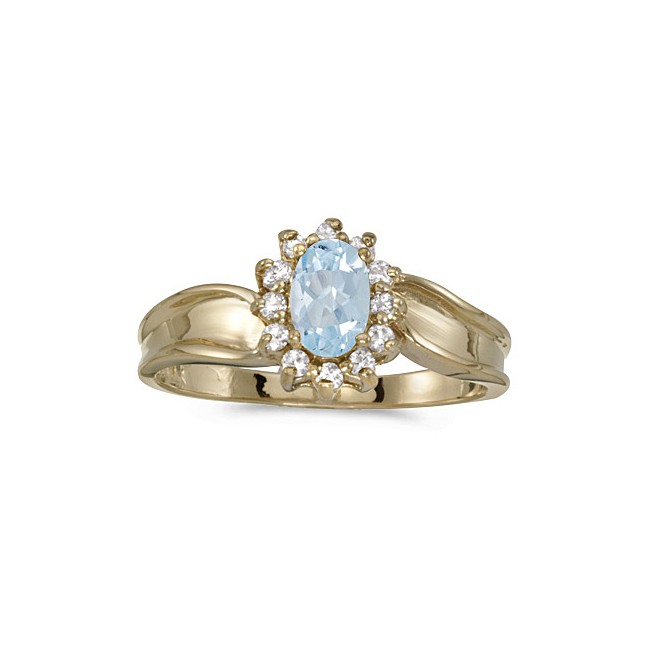 10k Yellow Gold Oval Aquamarine And Diamond Ring