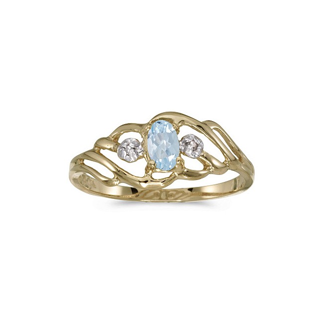 10k Yellow Gold Oval Aquamarine And Diamond Ring