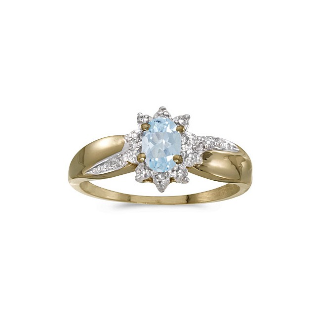 10k Yellow Gold Oval Aquamarine And Diamond Ring