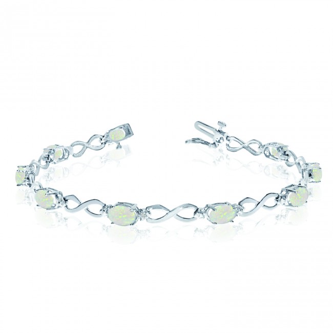 14K White Gold Oval Opal and Diamond Bracelet