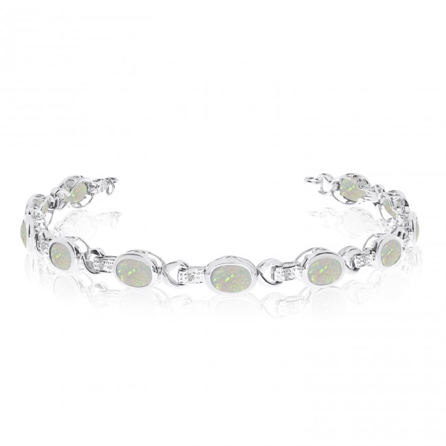 14K White Gold Oval Opal and Diamond Bracelet