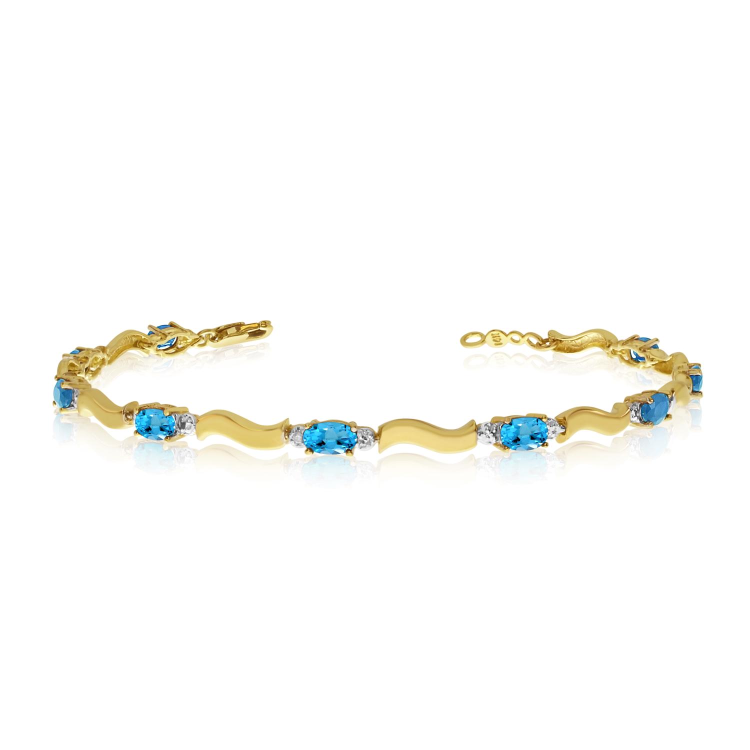 14K Yellow Gold Oval Blue Topaz and Diamond Bracelet