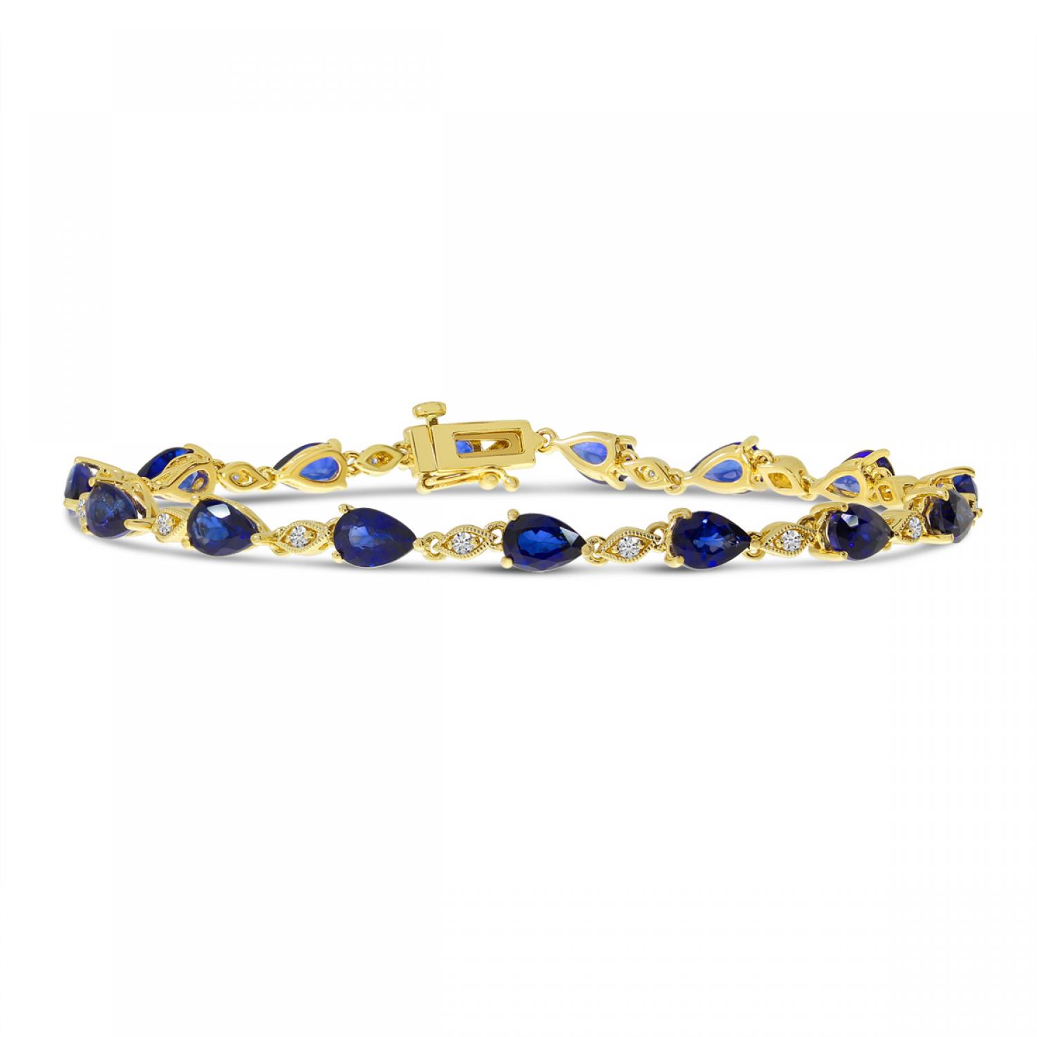 14K Yellow Gold Precious Pear Sapphire and Diamond Millgrain Bracelet