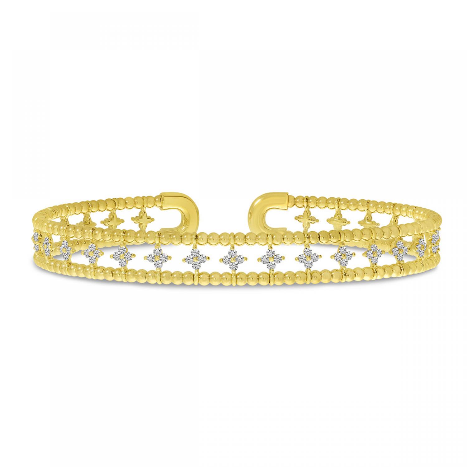 14K Yellow Gold Double Row Flower Diamond Flexible Cuff Bracelet