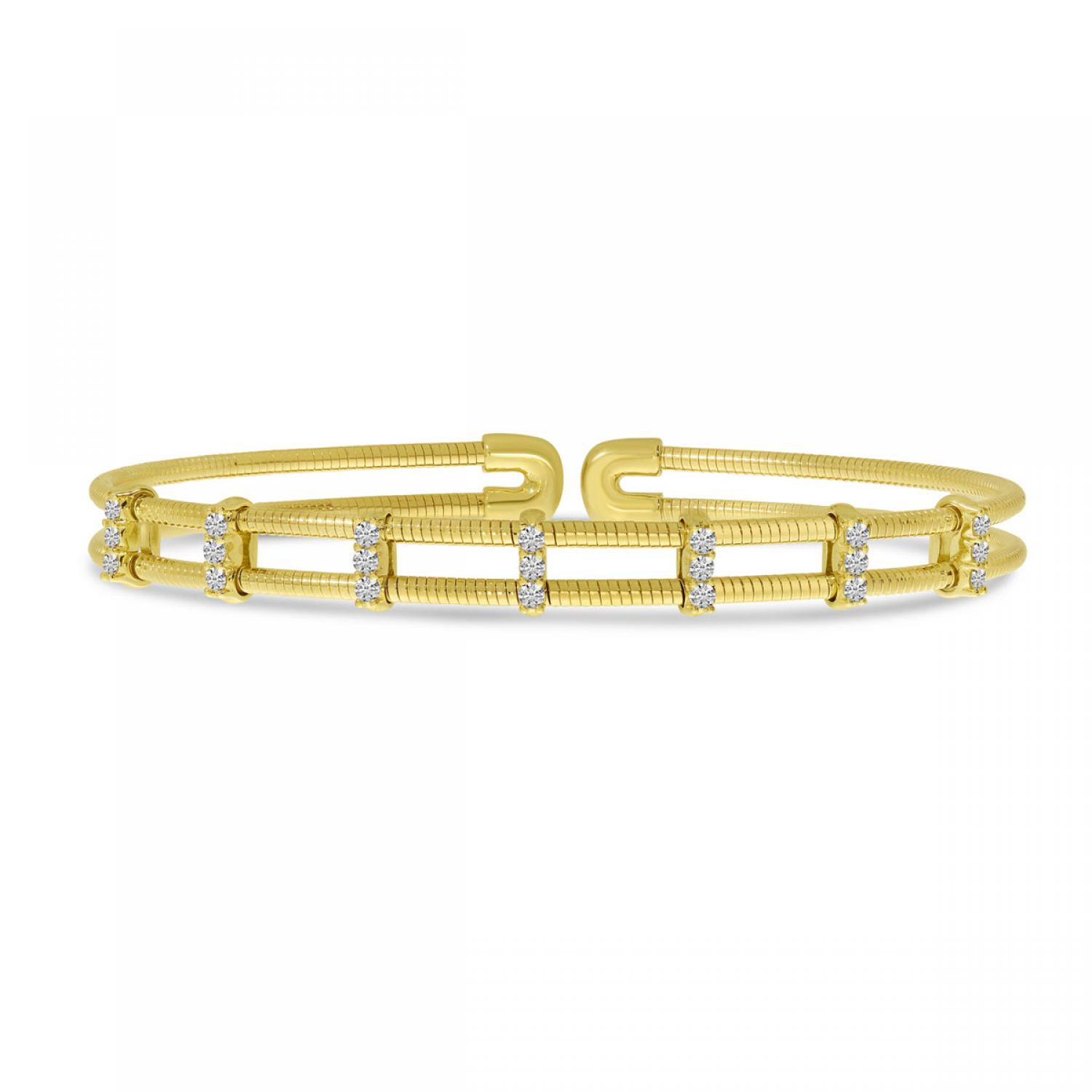 14K Yellow Gold Double Row Diamond Flexible Cuff Bracelet