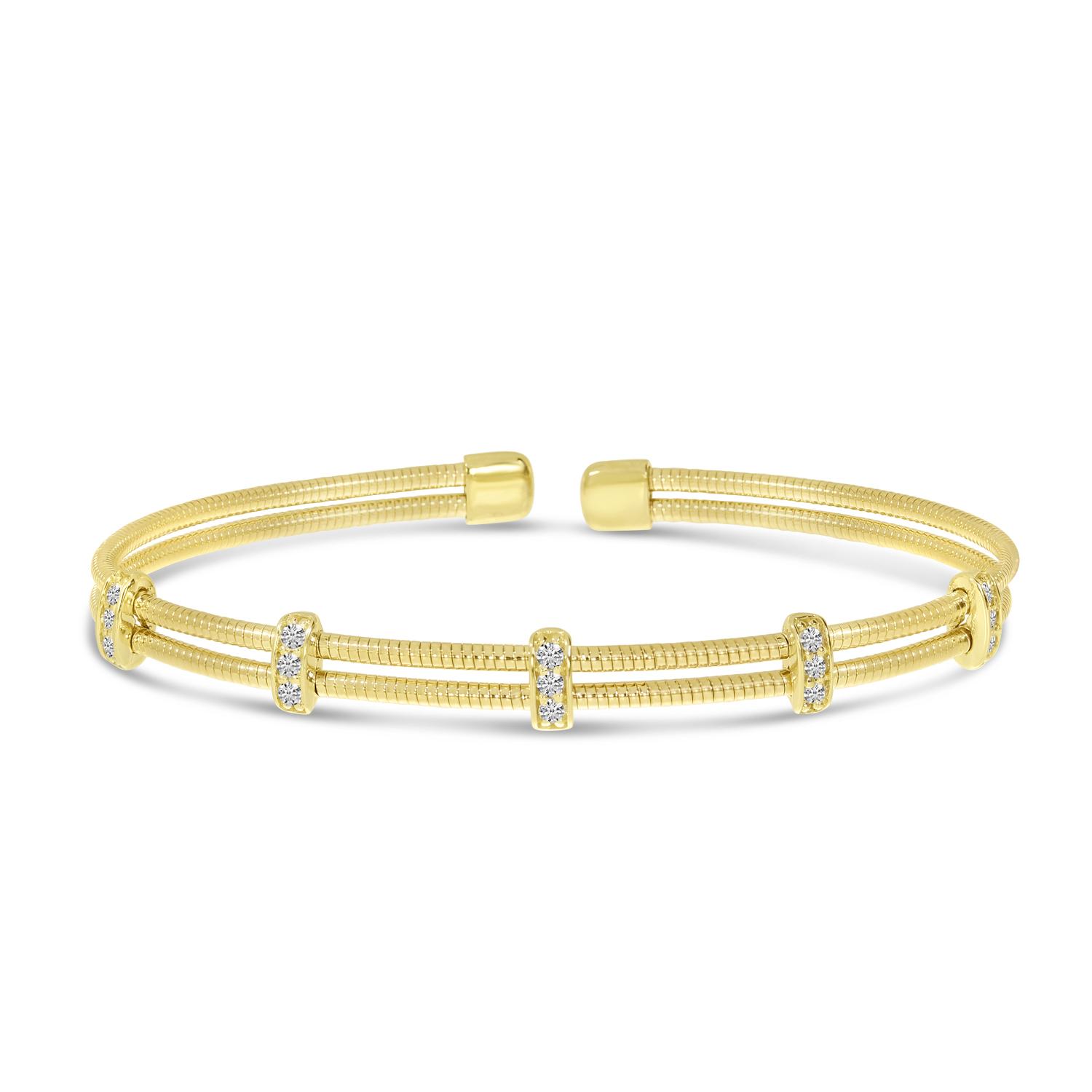 14K Yellow Gold Double Row Diamond Flexible Cuff Bracelet