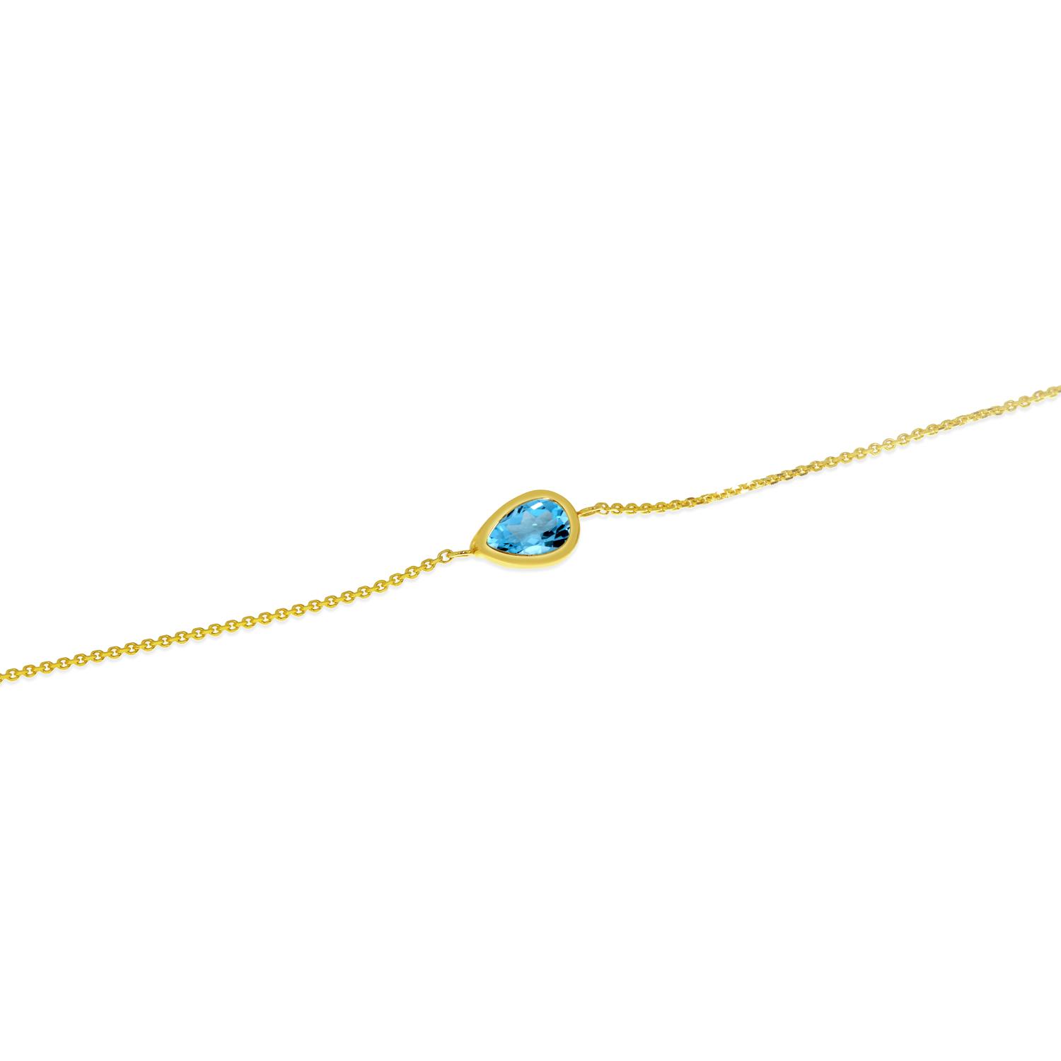 14K Yellow Gold Pear Blue Topaz Cable Chain Birthstone Bracelet