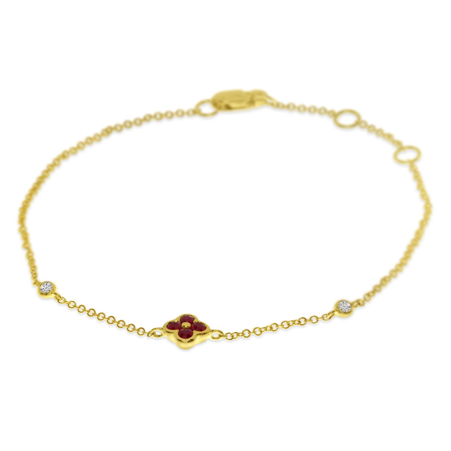 14K Yellow Gold Ruby and Diamond Clover Chain Bracelet