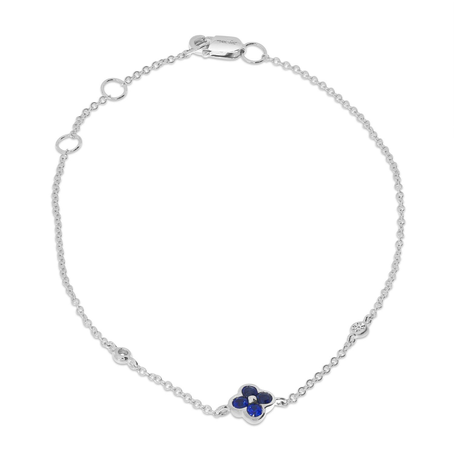 14K White Gold Sapphire and Diamond Clover Chain Bracelet