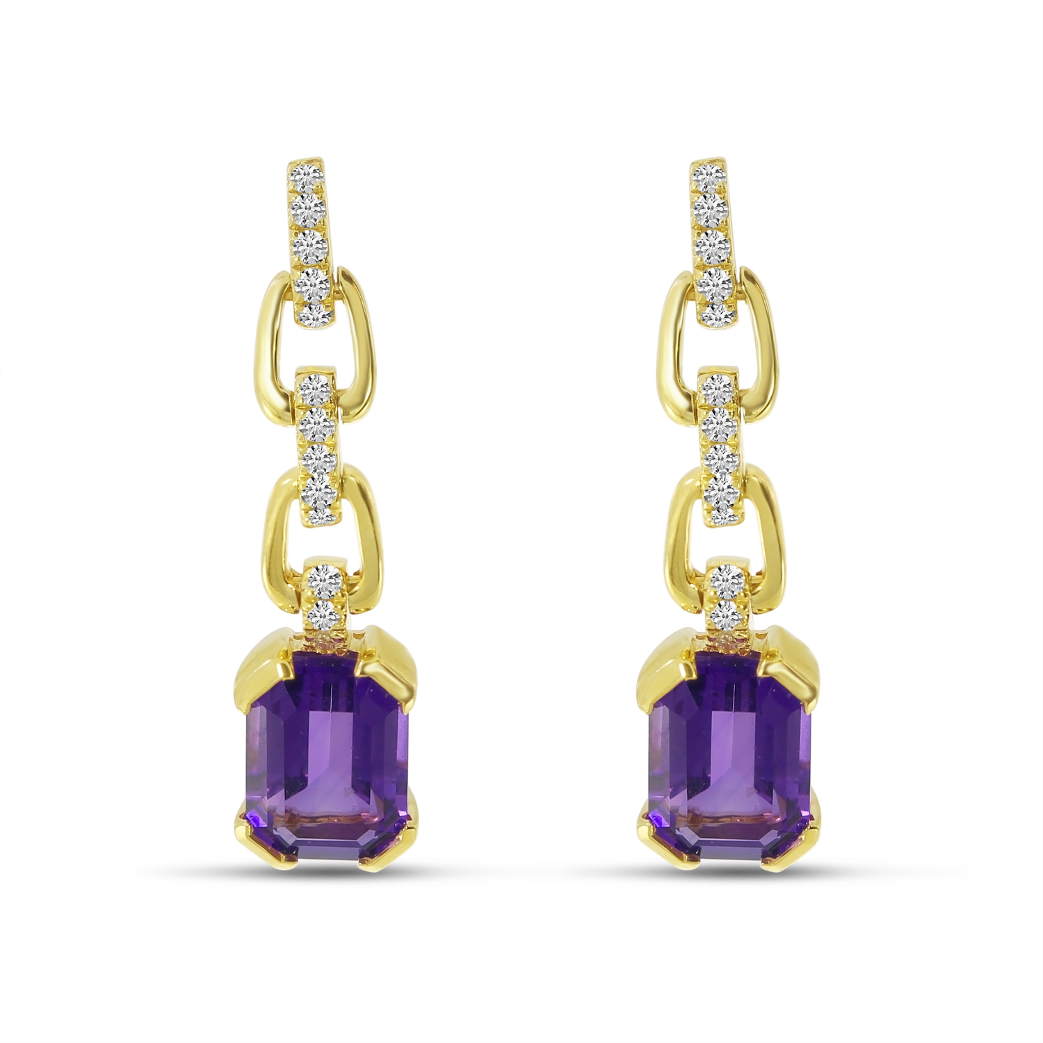 14K Yellow Gold Semi Precious Amethyst and Diamond Octagon Link Earrings 