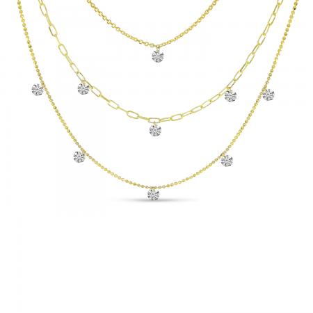 14K Yellow Gold Triple Strand Dashing Diamonds Multi-Chain Necklace