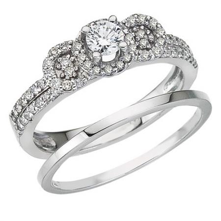 14K White Gold .48 Ct Diamond 3 stone Qpid Bridal Ring Set