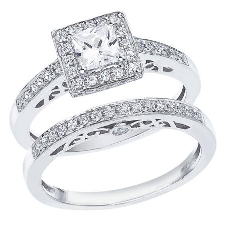 14K White Gold Qpid .89 Ct Diamond Princess Halo Bridal Ring Set