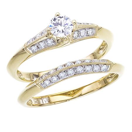 14K Yellow Gold Qpid .67 Ct Diamond Shoulder Bridal Ring Set