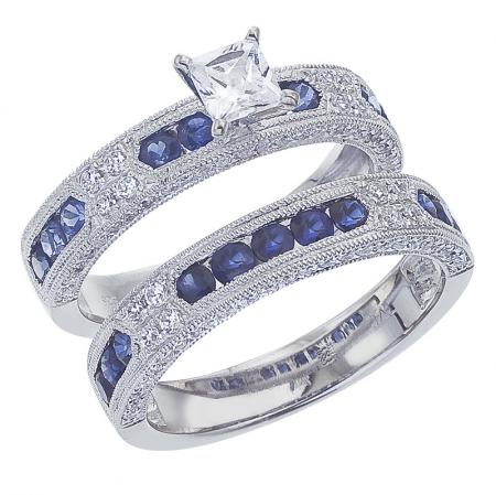 14K White Gold Qpid .77 Ct Diamond and 1.38 Ct Sapphire Bridal Ring Set