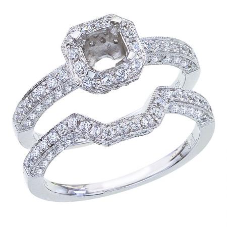 14K White Gold Qpid .68 Ct Halo Semi Mount Bridal Ring Set